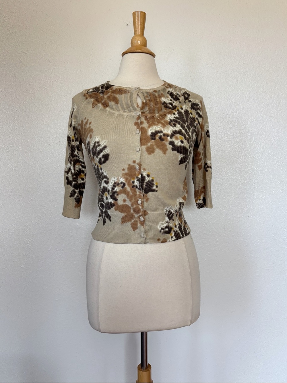 Tan Floral 3/4 Sleeve Angora Blend Button Front Cardigan